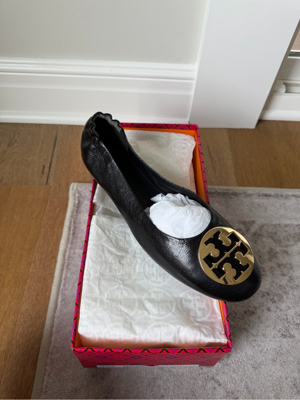 Tory Burch Claire Ballet Flat Shoes Size 9 Black Goat Leather